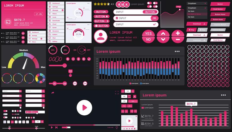 Vector a dark set of interface elements for web and mobile applications with modern icons buttons and graphs ideal for business analytics finance and data management