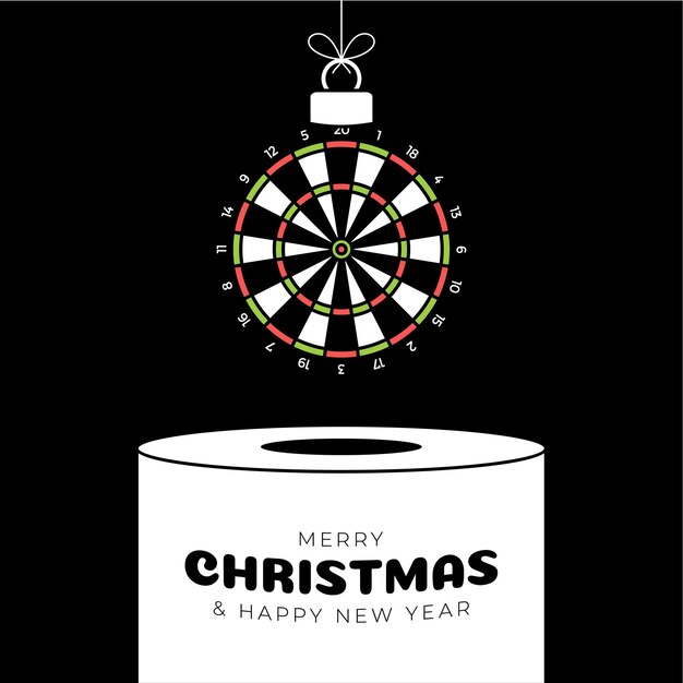 Dart Christmas bauble pedestal Feliz Navidad tarjeta de felicitación deportiva Colgar en una diana de hilo como una bola de Navidad en el podio blanco sobre fondo negro Sport Trendy Vector ilustración