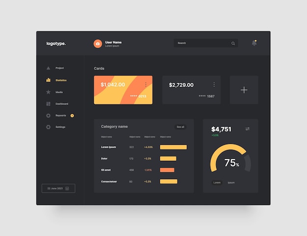 Dashboard design in dark colors app interface with ui and ux elements use design for web application