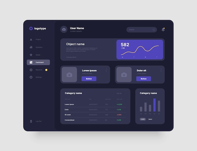 Dashboard design in dark colors app interface with ui and ux elements use design for web application