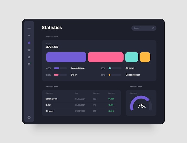 Dashboard design in dark colors app interface with ui and ux elements use design for web application