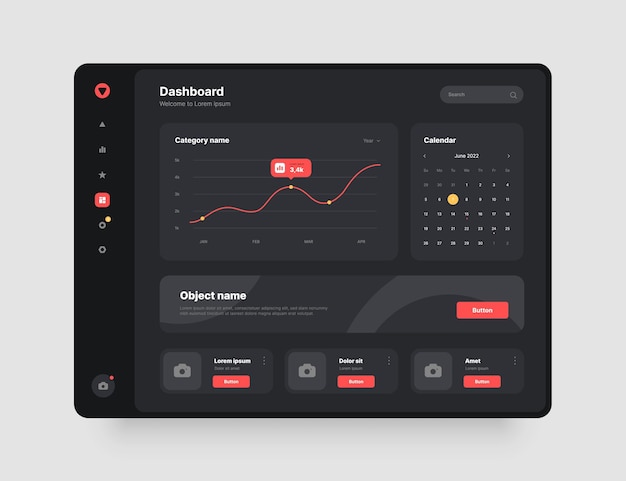 Dashboard design in dark colors app interface with ui and ux elements use design for web application
