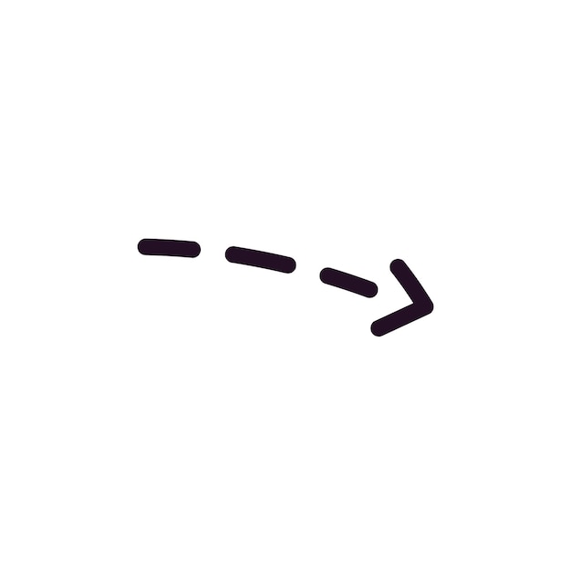 Dashed arrow in doodle style pointing direction Simple dot line with cursor showing route Way pointer geometric shape sign guides path Flat isolated vector illustration on white background