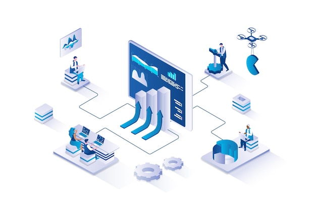 Data analysis 3d isometric concept with isometry people design for web Analyst team analyzing financial statistics with growth trend working with charts and calculating graphs Vector illustration