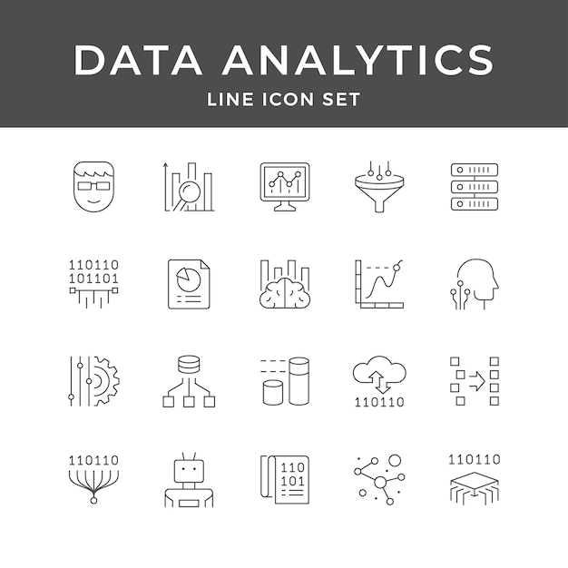 Data Analytics Line Icon Set Big Data Analysis Chart Report AI Cloud Database Minimal Vector Collection