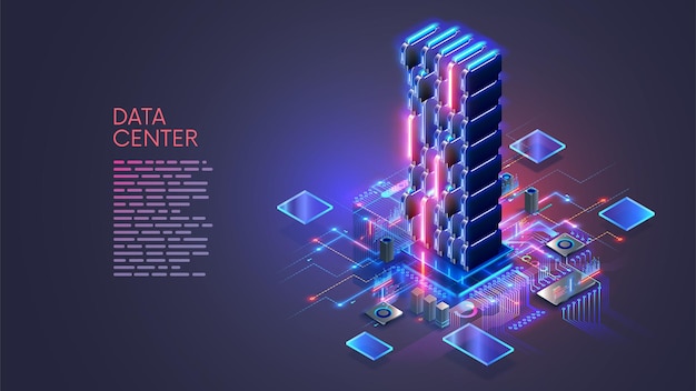 Data center isometric concept Computing Big Data in Datacenter Big server rack connected at hardware infrastructure Computer networks technology and AI data analyzing Supercomputer in Datacenter