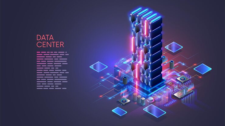Vector data center isometric concept computing big data in datacenter big server rack connected at hardware infrastructure computer networks technology and ai data analyzing supercomputer in datacenter