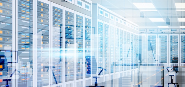 Vector data center room hosting servidor información de la base de datos de la computadora sincronizar tecnología
