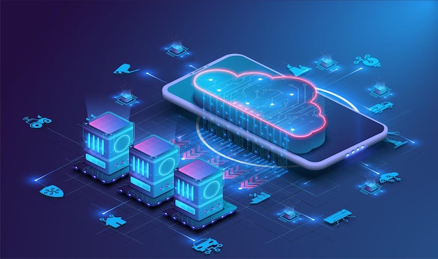 Data processing center cloud computing technologies Connecting server farm to the Internet Isometric server Room and Big Data Processing Concept Cloud Data Processing Center Vector illustration