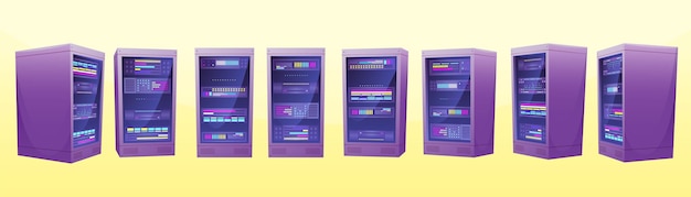 Data server room Cartoon datacenter Storage technology Network communication hardware Cloud computing system Blockchain equipment front and side views Vector database machines set