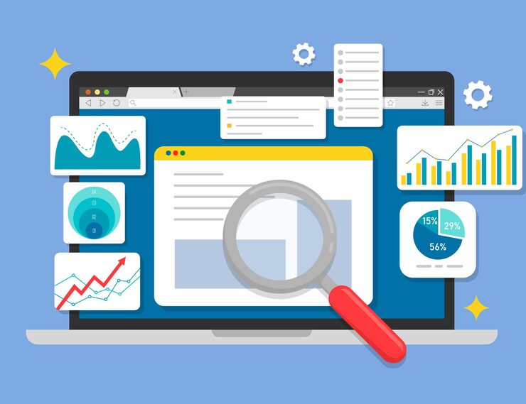 Vector data visualization interface on computer featuring analytics charts line graphs pie charts and bar diagrams modern business analysis workspace with digital performance insights and colorful charts