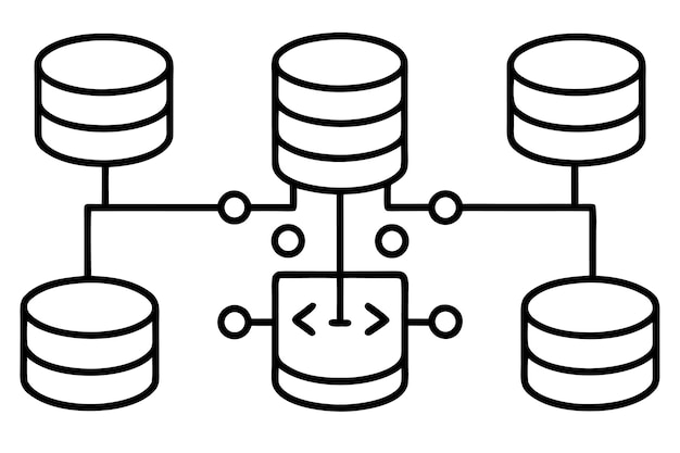 Database network with stacked cylinders and a central unit displaying code symbols server storage