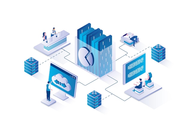 Datacenter technology 3d isometric concept with isometry people design for web People analyzing big data and working with cloud technologies processing and computing statistics Vector illustration