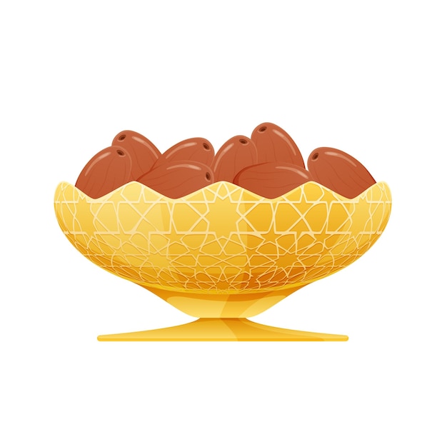 Dátiles dulces fruta en oro tazón árabe tradicional Ramadan kareem