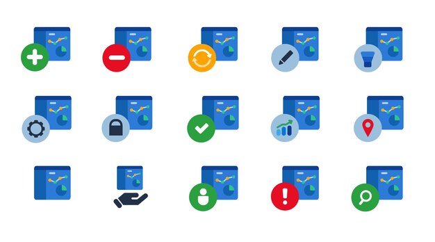 Datos analíticos informe estadísticas diagrama gráfico en pie conjunto de iconos colección vector azul