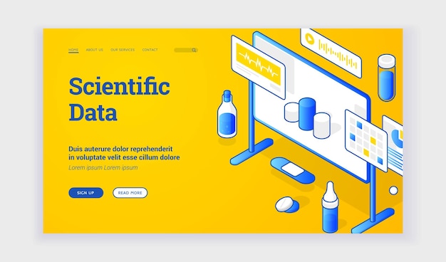 Datos científicos. Página web frontal de vector isométrico con elementos de tablero y equipo de laboratorio que presenta información para aprender sobre datos científicos contemporáneos. Banner web, plantilla de página de destino