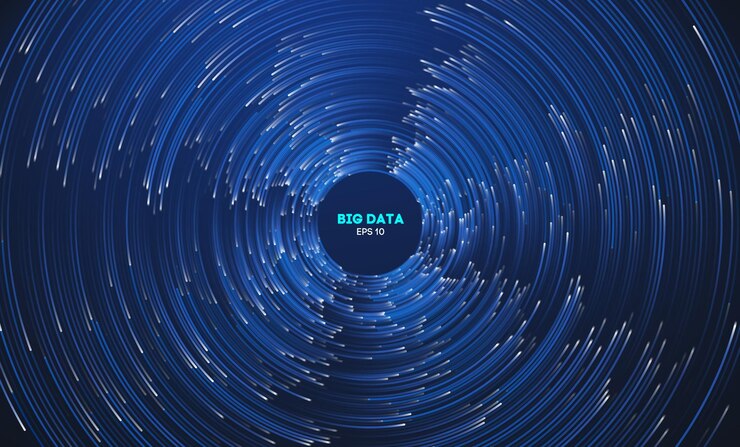 Vector datos circulares girando en líneas concéntricas de vórtice de huracán de fondo de tecnología azul oscuro