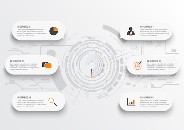 Datos comerciales elementos abstractos del gráfico con 6 pasos.