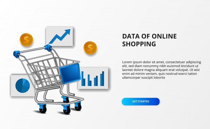 Vector datos de compras en línea y comercio electrónico. ilustración del carrito de la compra con la tabla de datos y dinero de oro.