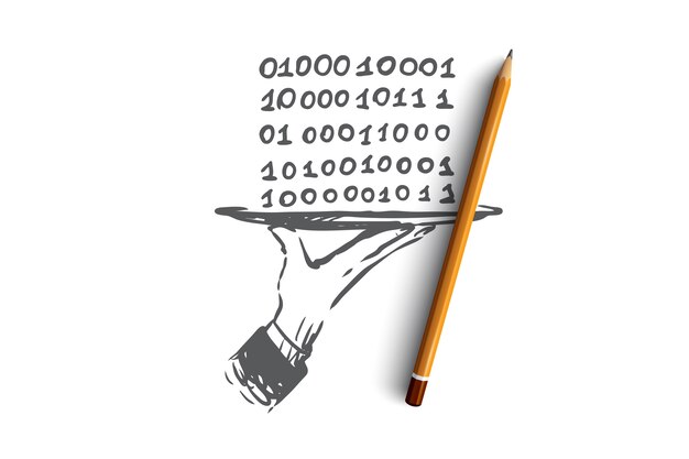 Datos, digital, abstracto, código, concepto binario. Dibujado a mano dígitos cero y uno en el boceto del concepto de placa.