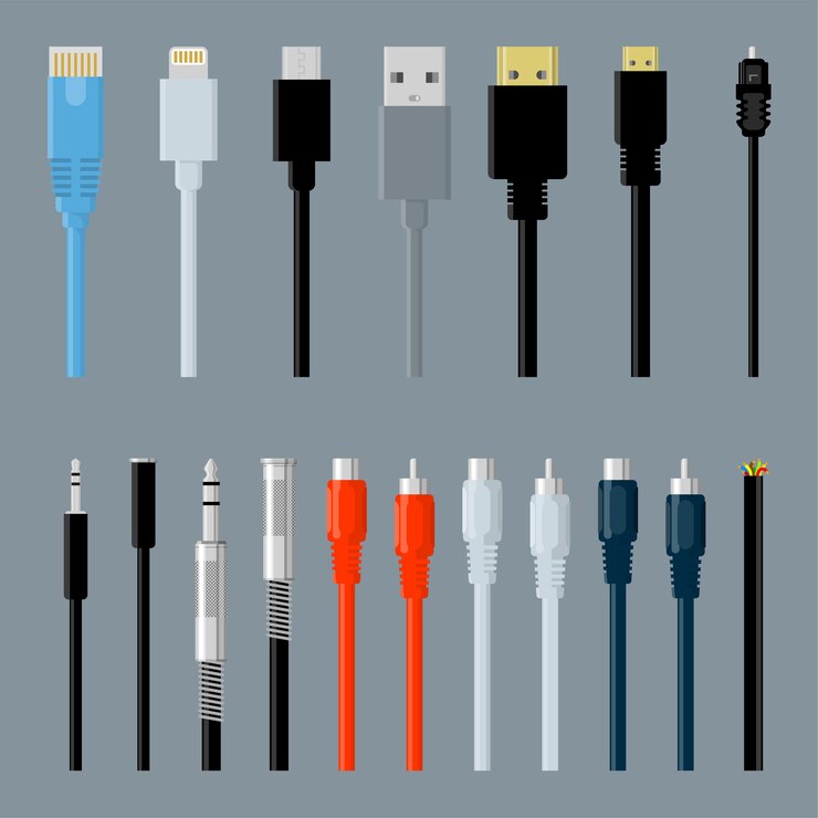 Vector datos de diseño plano, video y audio, usb, hdmi, conjunto de elementos de diseño de conectores de cable de datos de red