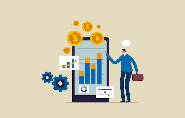 Datos financieros Crecimiento de las ganancias de inversión Ganar dinero o ingresos Servicios de análisis y estadísticas en línea Especialista en información financiera y contable Ilustración