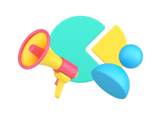 Los datos de ganancias de marketing digital se anuncian con un megáfono de diagrama circular y el personal de negocios. Ilustración de vector isométrico de icono 3d.