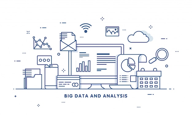 Datos grandes, alogorithms de la máquina, concepto del concepto del analytics y concepto de la seguridad. fin-tecnología (tecnología financiera) de fondo. estilo de ilustración plana.