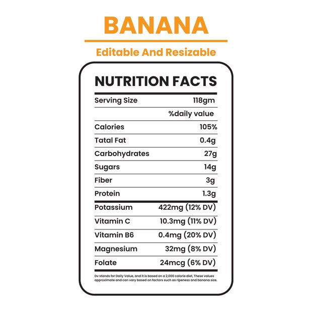 Datos nutricionales sobre el plátano Diseño de la etiqueta Vitaminas y datos nutricionales