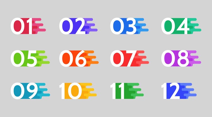 Datos de puntos de viñeta, marcadores de información. conjunto de flechas de icono. Banderas numéricas del 1 al 12 Diseño plano aislado. Ilustración infográfica.