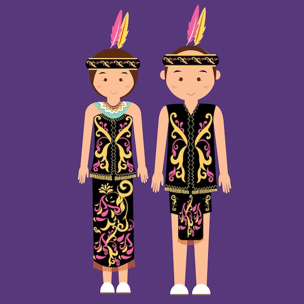 Dayak kalimantan borneo indonesio ropa tradicional mujer vestido vector traje de dibujos animados asiático
