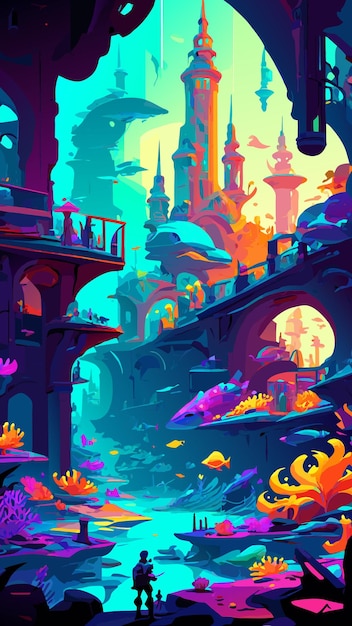 Vector dazzling neon coral city in a futuristic underwater realm