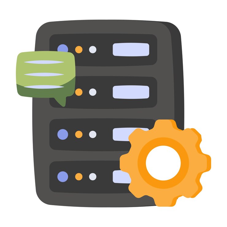 Vector db rack con el icono de engranaje de la configuración del servidor