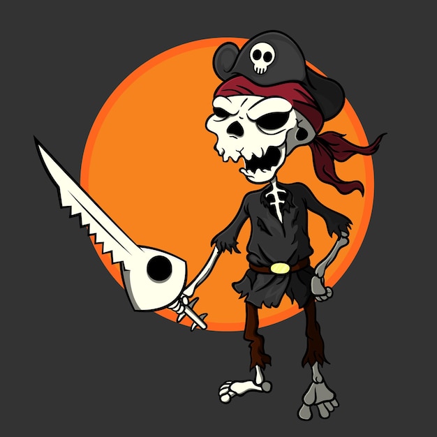 Dead Man Walking Pirates Capitán usando huesos de sierra de tiburón como espadas Vector de dibujos animados