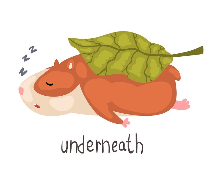 Vector debajo de la preposición de la lengua inglesa de lugar y lindo personaje de hámster dormido educativo