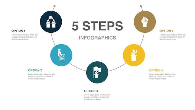 Debate Referéndum Inauguración presidente Iconos de oposición Plantilla de diseño infográfico Concepto creativo con 5 pasos