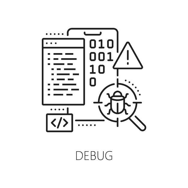 Debug de aplicaciones web desarrollar y optimizar el icono de prueba de software vector de línea de aplicación móvil UI o aplicación web de teléfono UX prueba de depuración de software para errores técnicos y evaluación de rendimiento