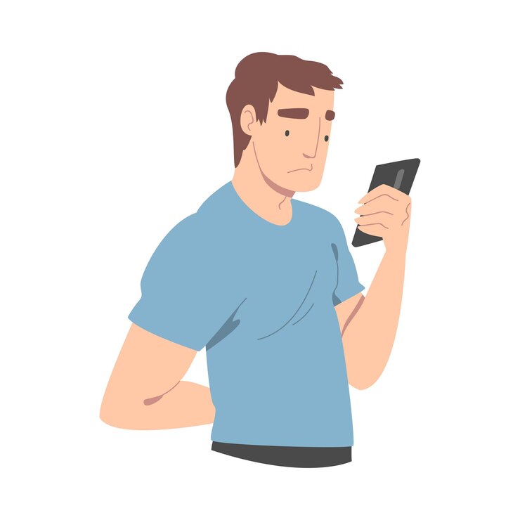 Vector decepcionado con las malas noticias, el personaje del hombre lee el mensaje en la ilustración vectorial del teléfono inteligente