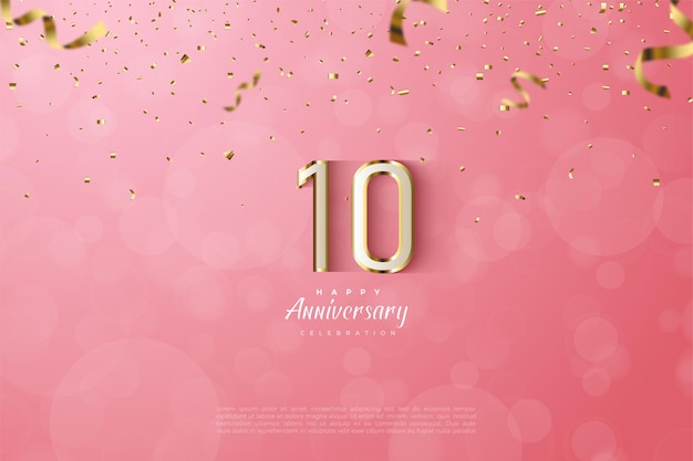 Décimo aniversario con números blancos sobre una franja dorada sobre fondo rosa