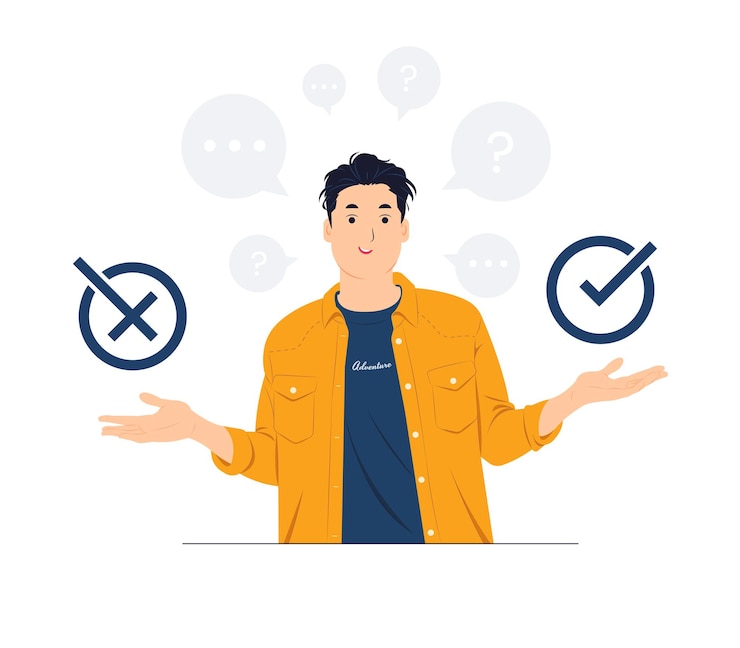 Vector decisiones comerciales, derecha o izquierda, sí o no, dilema ético, elegir, elegir, ilustraciones de conceptos indecisos