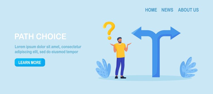 Vector las decisiones comerciales difíciles el hombre confuso mirando el signo de la encrucijada con un signo de interrogación piensa en qué camino ir la incertidumbre y la duda tomar decisiones o elegir el camino correcto para el éxito