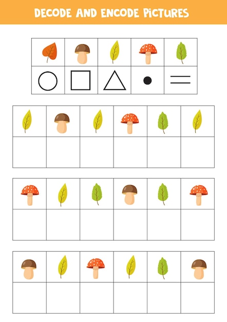 Decodifica y codifica imágenes. escribe los símbolos debajo de las lindas hojas de otoño.