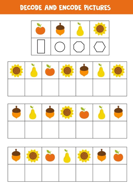 Decodificar y codificar imágenes escriba los símbolos debajo de lindos elementos otoñales