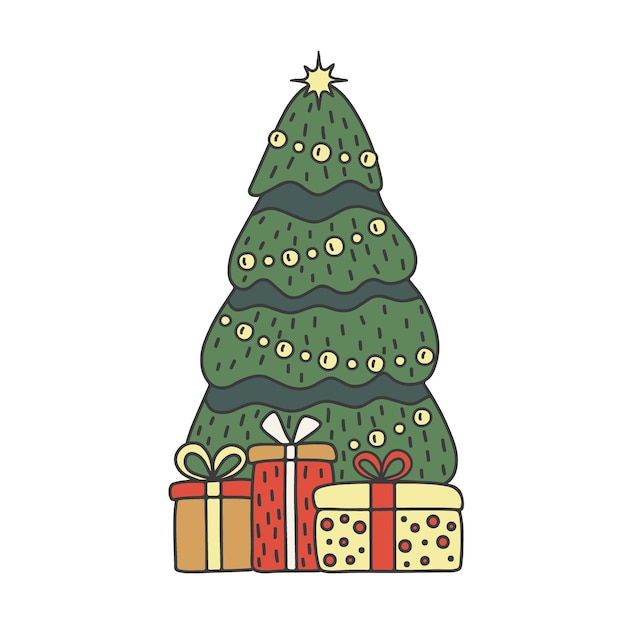 Decoración de abeto de Navidad con regalos estilo garabato. bosquejo, navidad, y, año nuevo, feriado