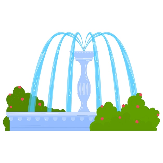 Decoración de agua de fuente aislada en ilustración de vector blanco objeto de parque al aire libre con gota de líquido y salpicadura arquitectura de jardín de dibujos animados