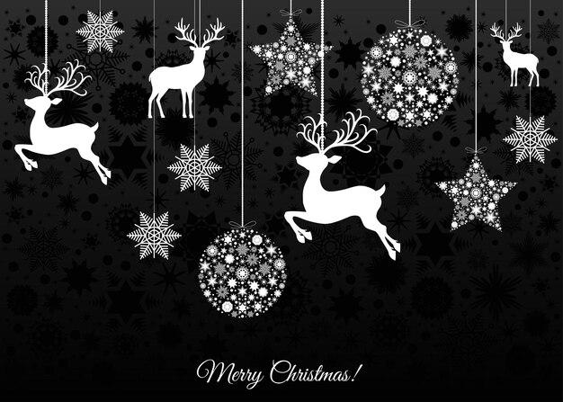 Decoración de árbol de Navidad blanco sobre fondo negro. Feliz Año Nuevo. Bola de Navidad, renos y copos de nieve. Plantilla de vector para tarjeta de felicitación o invitación a una fiesta.