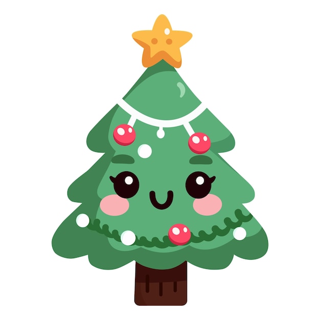 Decoración de árbol de Navidad decorada bola y estrella en estilo plano de dibujos animados Feliz Navidad y Feliz Año Nuevo Ilustración vectorial aislada