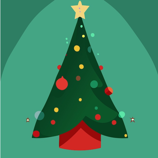 Vector decoración del árbol de navidad regalo bolas de navidad diseño plano ilustración vectorial copos de nieve