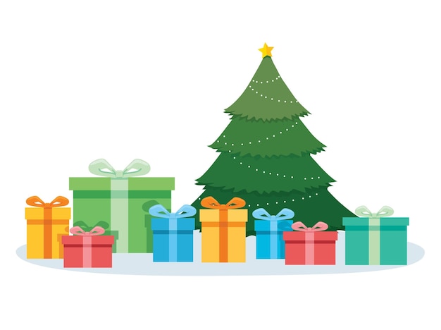 Vector decoración del árbol de navidad y regalos.