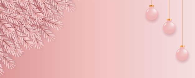 Vector decoración de banner navideño con rama de pino de color rosa y bola rosa